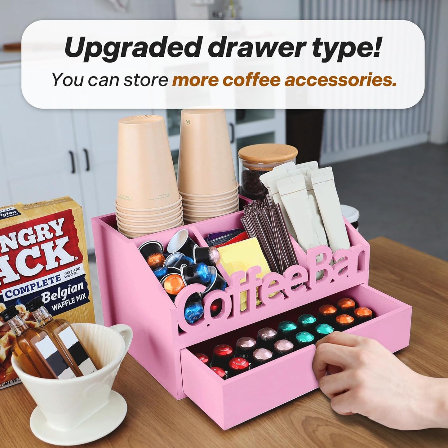 Coffee Bar Organizer for Countertop – Wooden Coffee Station, Tea and K Cup, Condiment Storage Rack, Coffee Pod Holder for Home and Office Counter Organization (Drawer - Pink)
