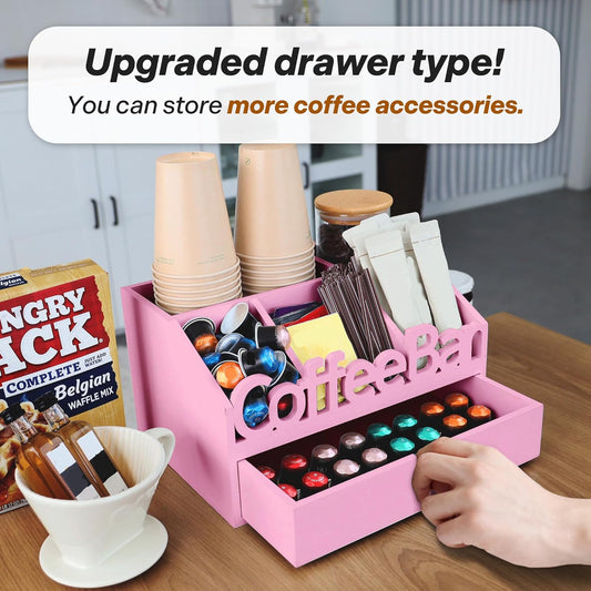 ADDFIT HOUSE Wooden Coffee Pod Organiser with Drawer, Pink, 12 by 8 Inches