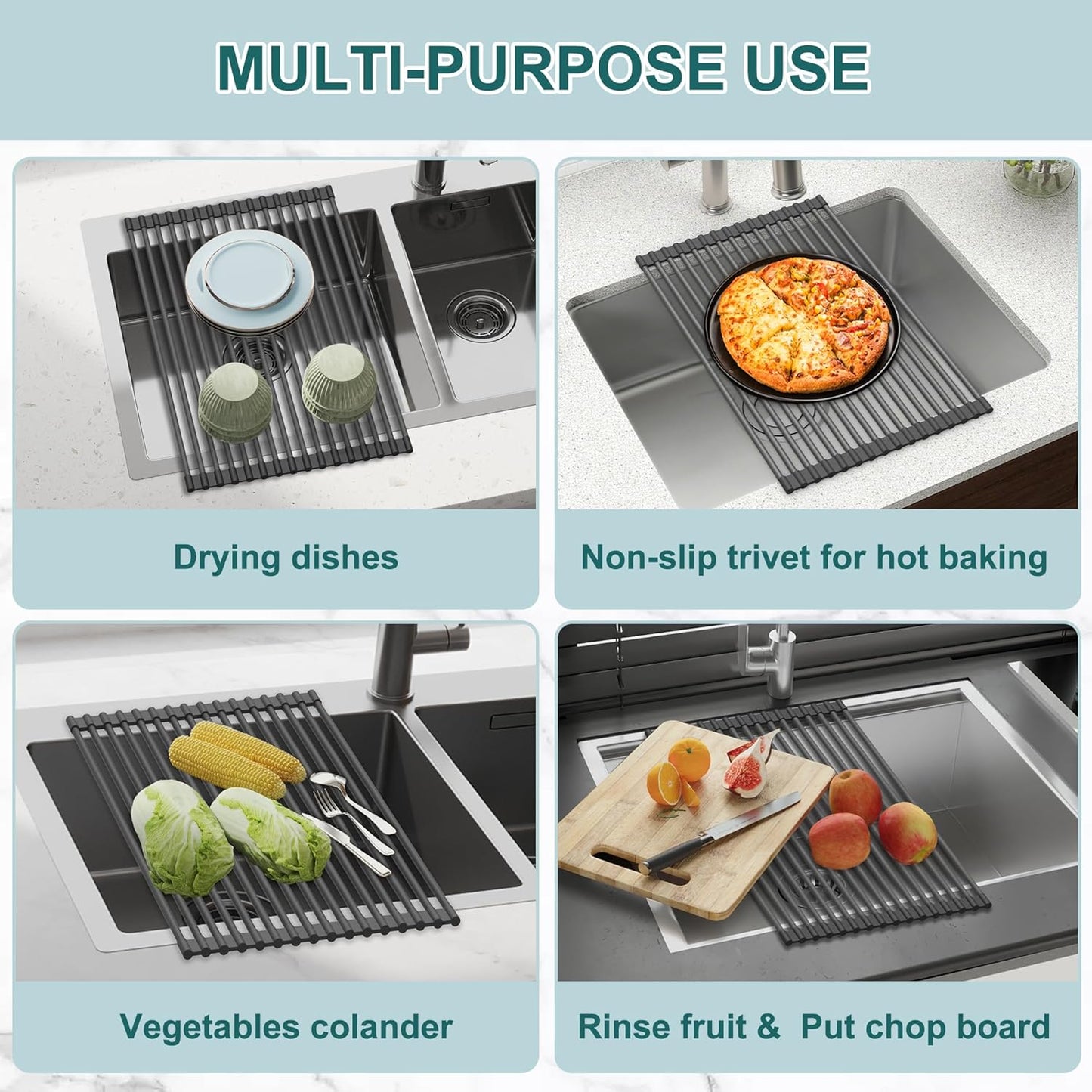 Roll Up Dish Drying Rack, Silicone Wrapped Over The Sink Multipurpose Foldable Dish Drainer Anti-Slip Coated Stainless Steel Dish Racks for Kitchen Counter, Sink Drying Rack (Black, 17.3" x 12.4")