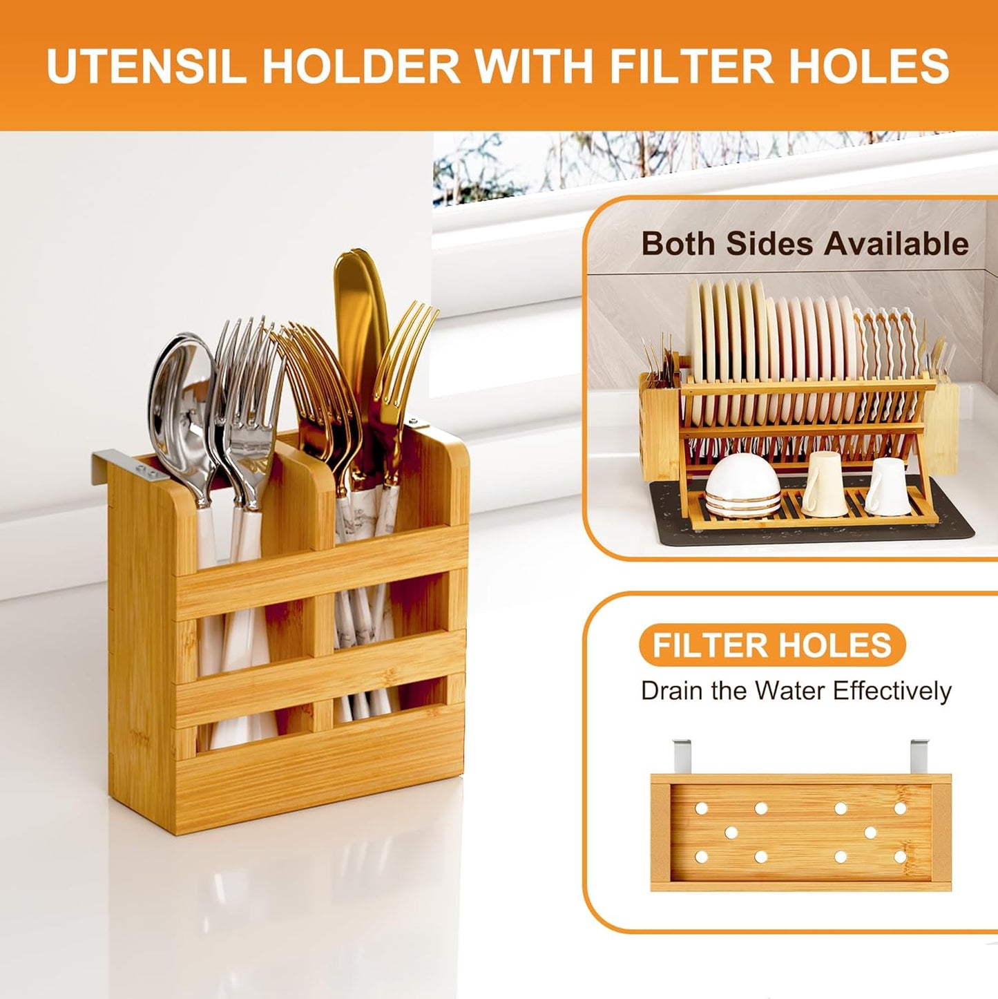 Bamboo Dish Drying Rack with Utensil Holder, 3 Tier Collapsible Dish Rack