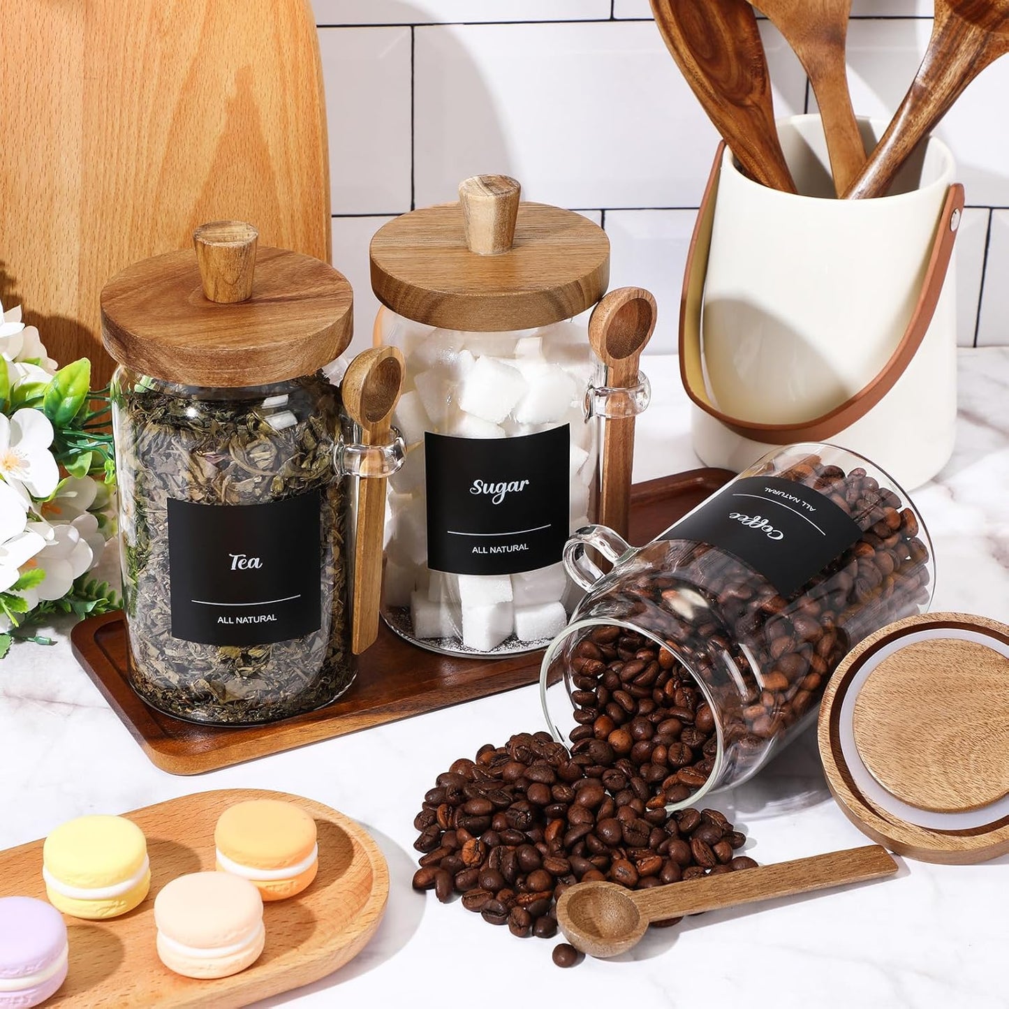 3 Pcs Glass Coffee Container with Wooden Lid Spoon Shelf Labels Clear Airtight Jar Food Storage Canister Set for Sugar Spice Coffee Bean Holder Housewarming Gift(25 oz,Acacia Brown)