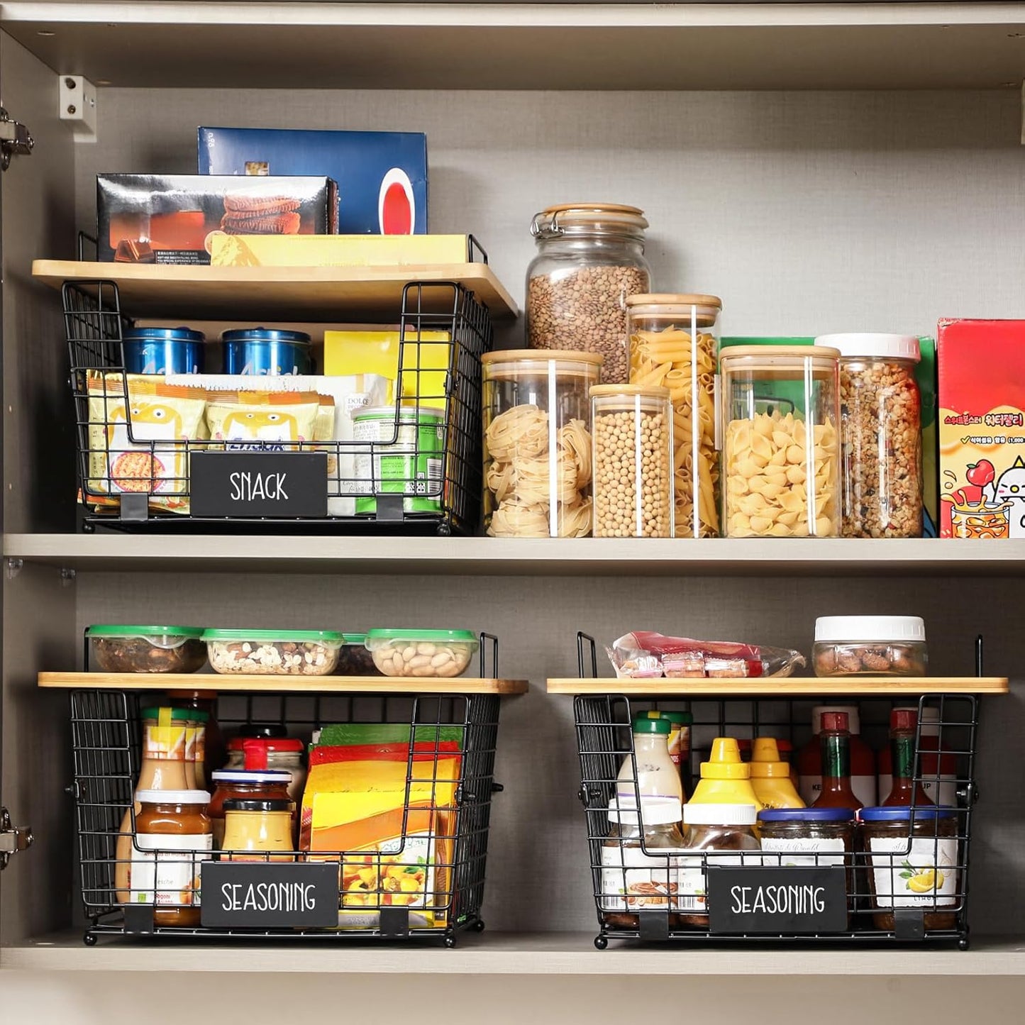 2 Set XXL Stackable Wire Basket with Bamboo Tops & Tag- Pantry Organizer and Storage Bins