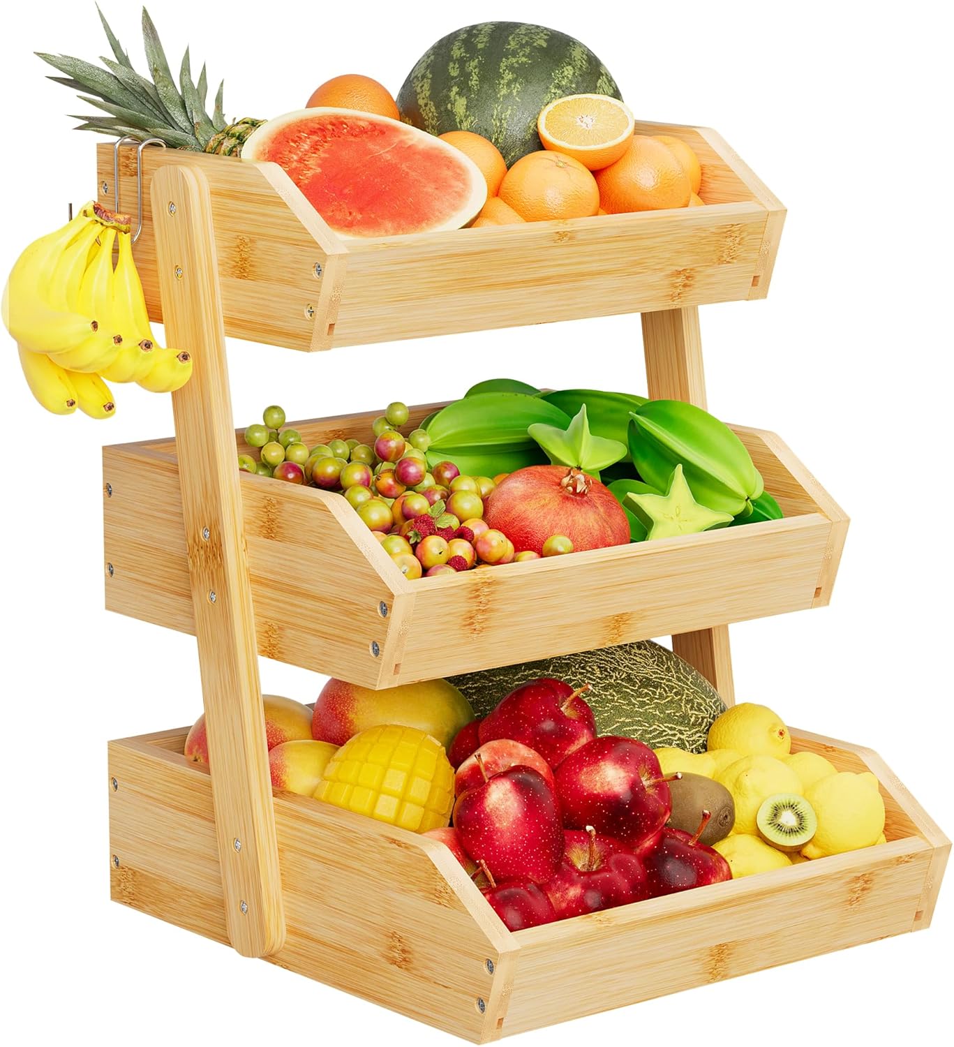 Bamboo 3 Tier Fruit Basket For Counter, Large Capacity Fruit Storage Countertop, Fruit Holder