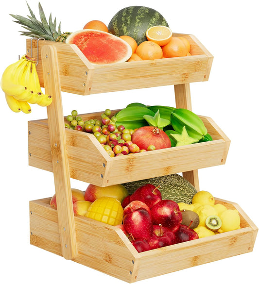 Bamboo 3 Tier Fruit Basket For Counter, Large Capacity Fruit Storage Countertop, Fruit Holder