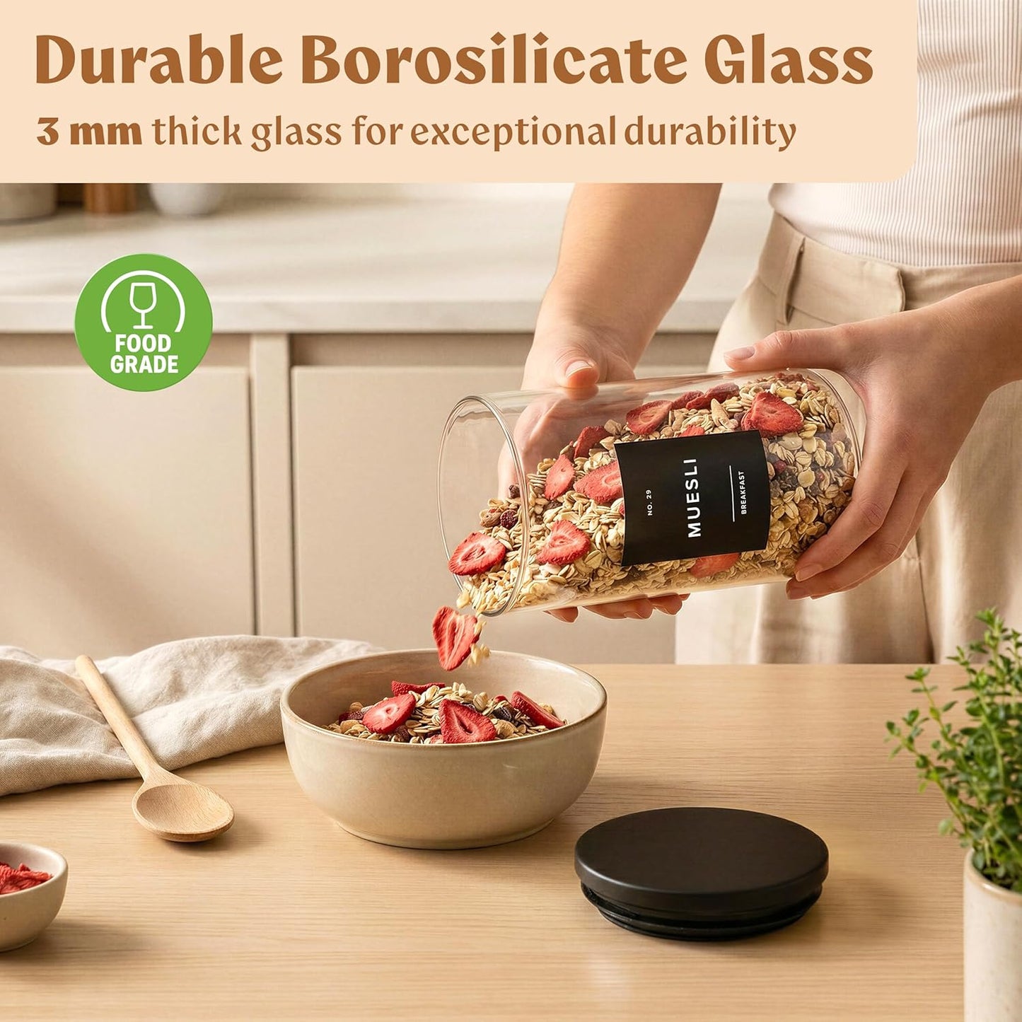 Glass Storage Containers with Black Lids [Extra Thick Glas] with 54 Labels