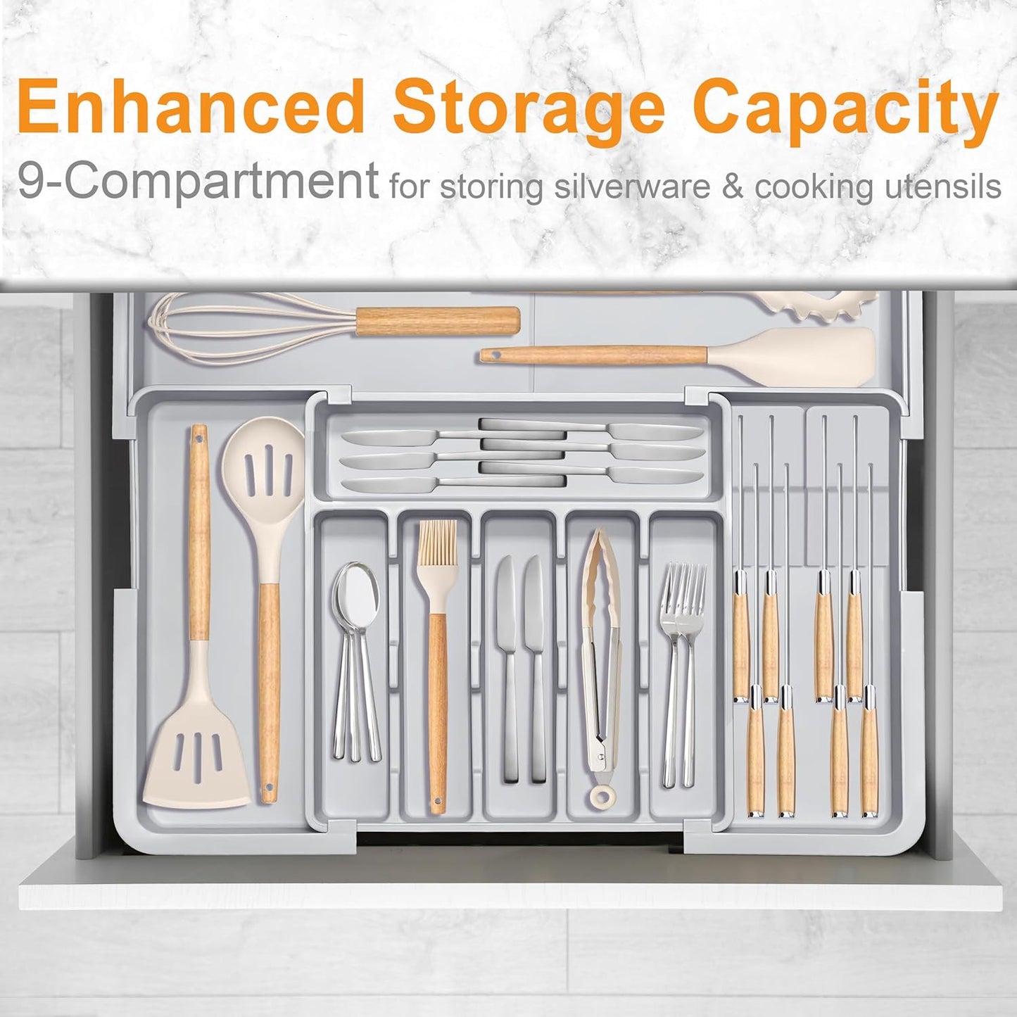 Silverware Drawer Organizer for Kitchen, Adjustable Utensil Drawer Organizer with 2 Knife Block