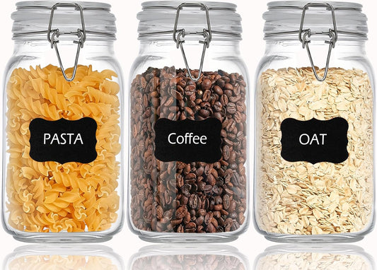 Clear Food Storage Jars 50oz Square, Airtight Glass Canister with Lids Set of 3