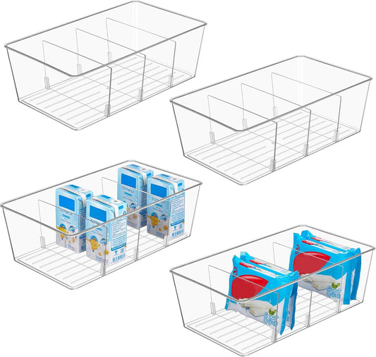 4 Pack Food Storage Organizer Bins, Clear Plastic Bins for Pantry, Kitchen, Fridge