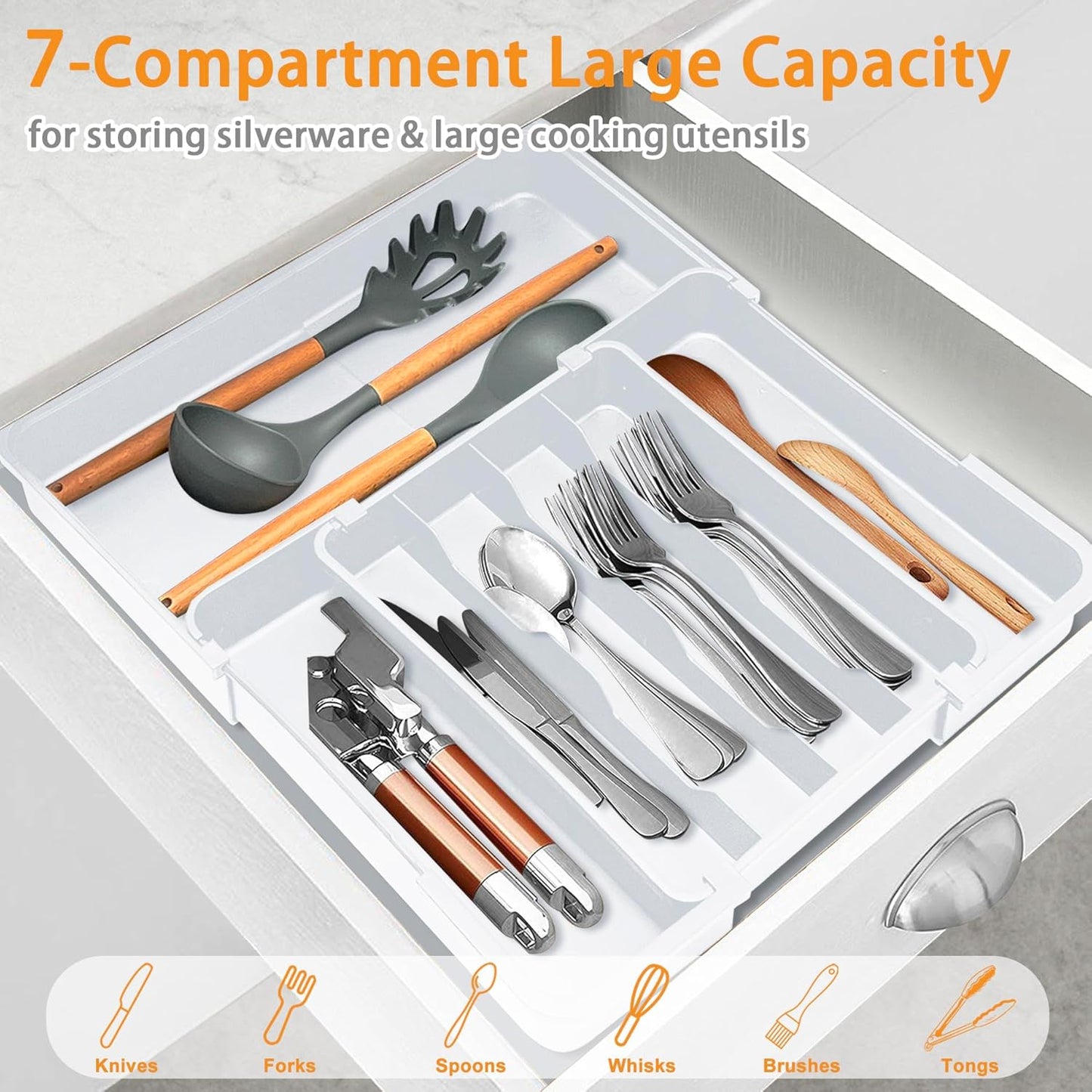 Silverware Drawer Organizer, Adjustable Kitchen Drawer Organizer, Expands from 4 to 7 Slots