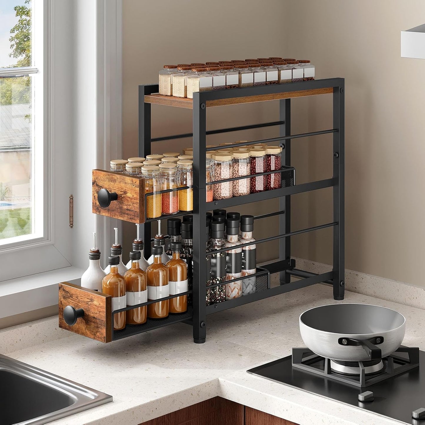 Spice Rack, 3-Tier Pull Out Spice Rack Organizer for Countertop