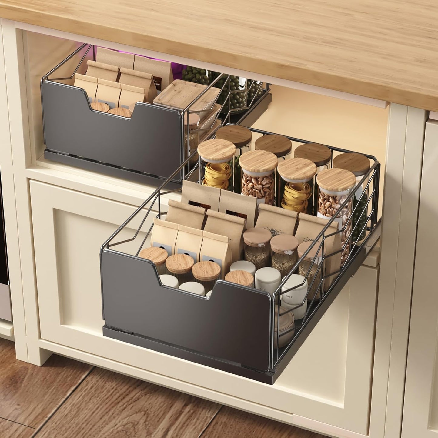 Pull Out Cabinet Organizer, 2 Pack No Drill Slide Out Drawers for Kitchen Cabinets