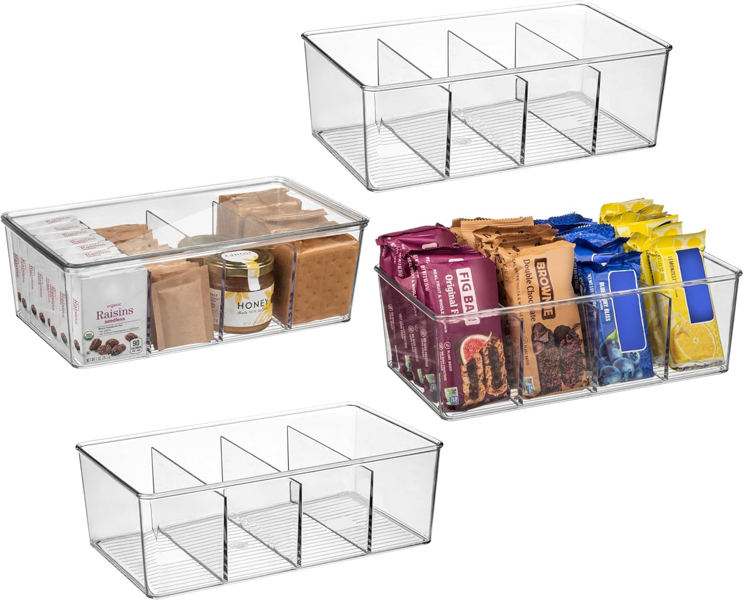 Pantry Organization and Storage Bins with Removable Dividers & Lids – Perfect Pantry Organizers or Kitchen Organization – Refrigerator Organizer Bins, Cabinet Organizers, 4 Pack