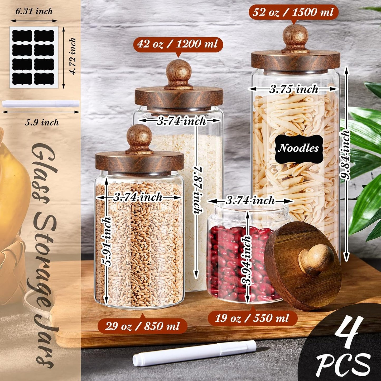 Glass Storage Jars Set of 4, Clear Food Storage Containers with Wooden Lids Airtight Kitchen Canisters with Sticker and Chalk for Candy Cookie Rice Sugar Flour Pasta Nuts Beans Spice, 4 Sizes