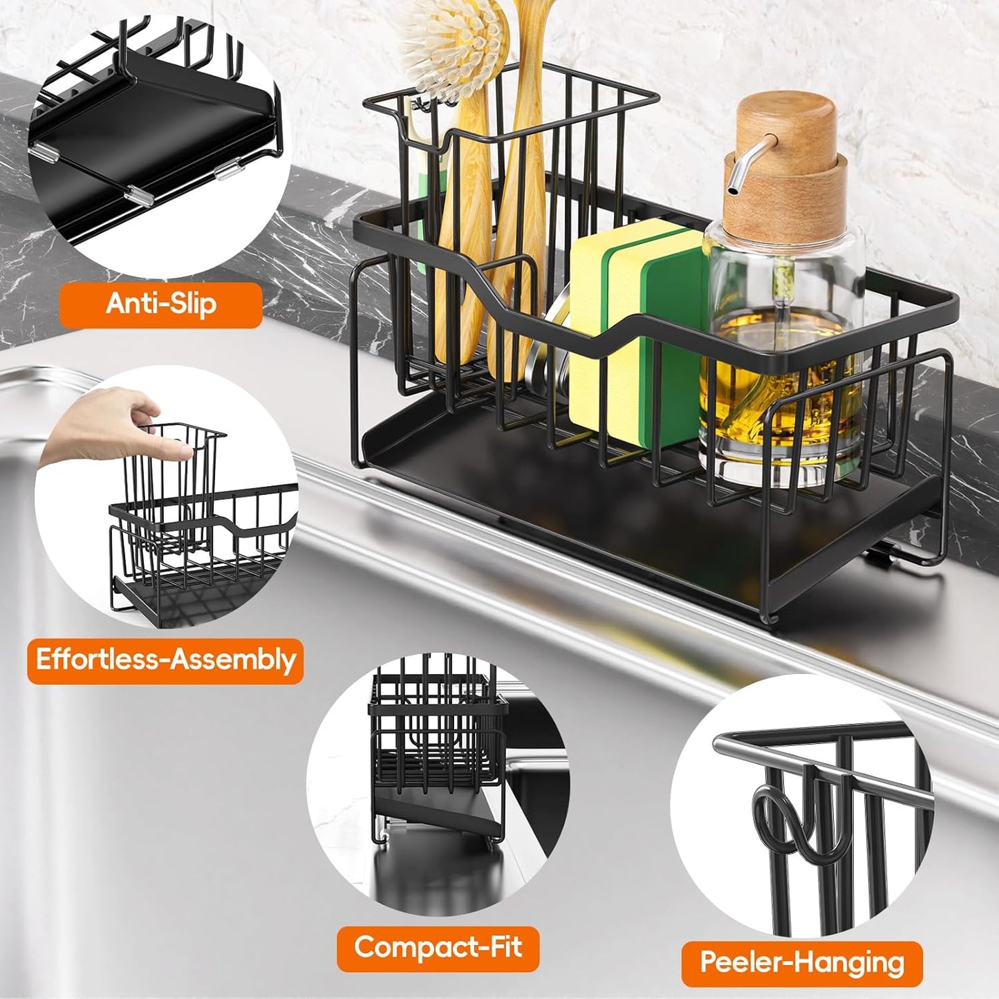 Kitchen Sink Caddy Organizer, Rustproof Sponge Holder for Kitchen Sink