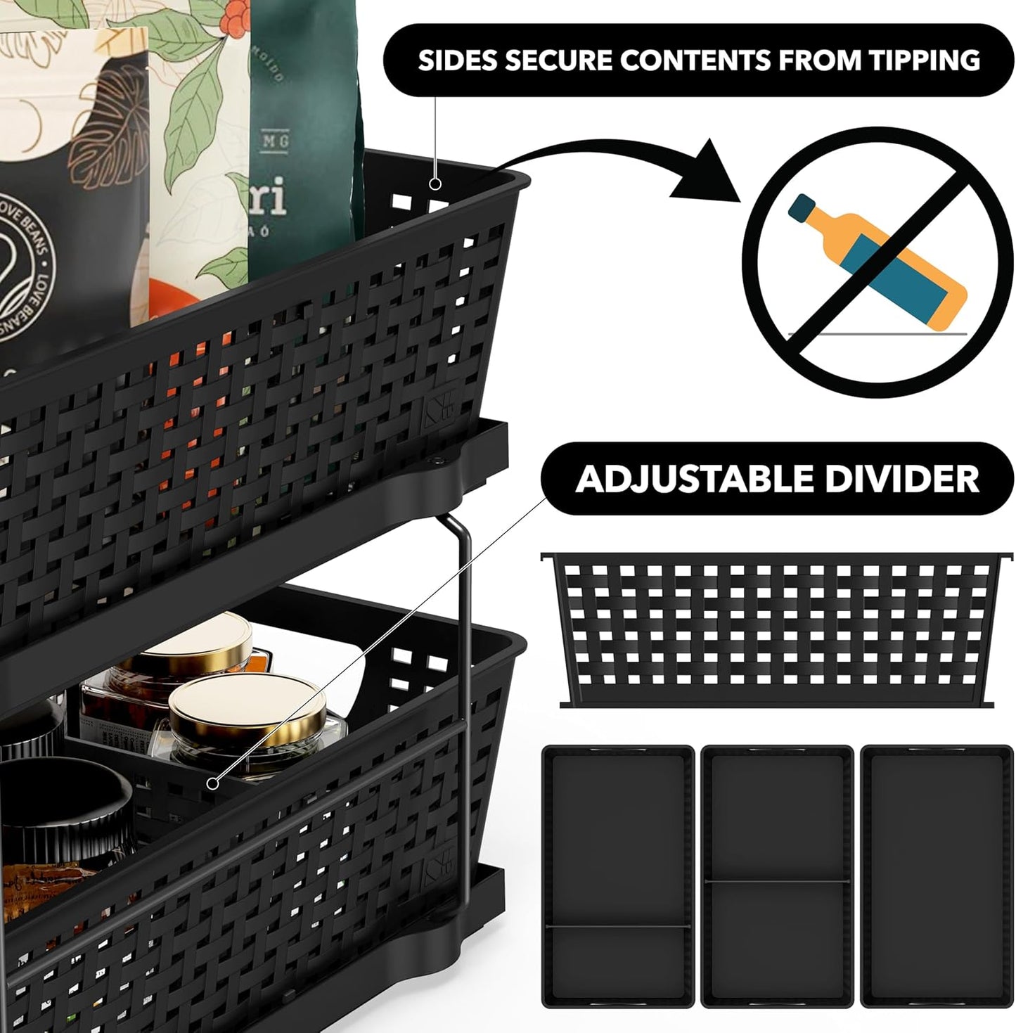2 Tier Bathroom Organizer Tray Pull-Out Sliding Drawer, Under Sink Storage, Black