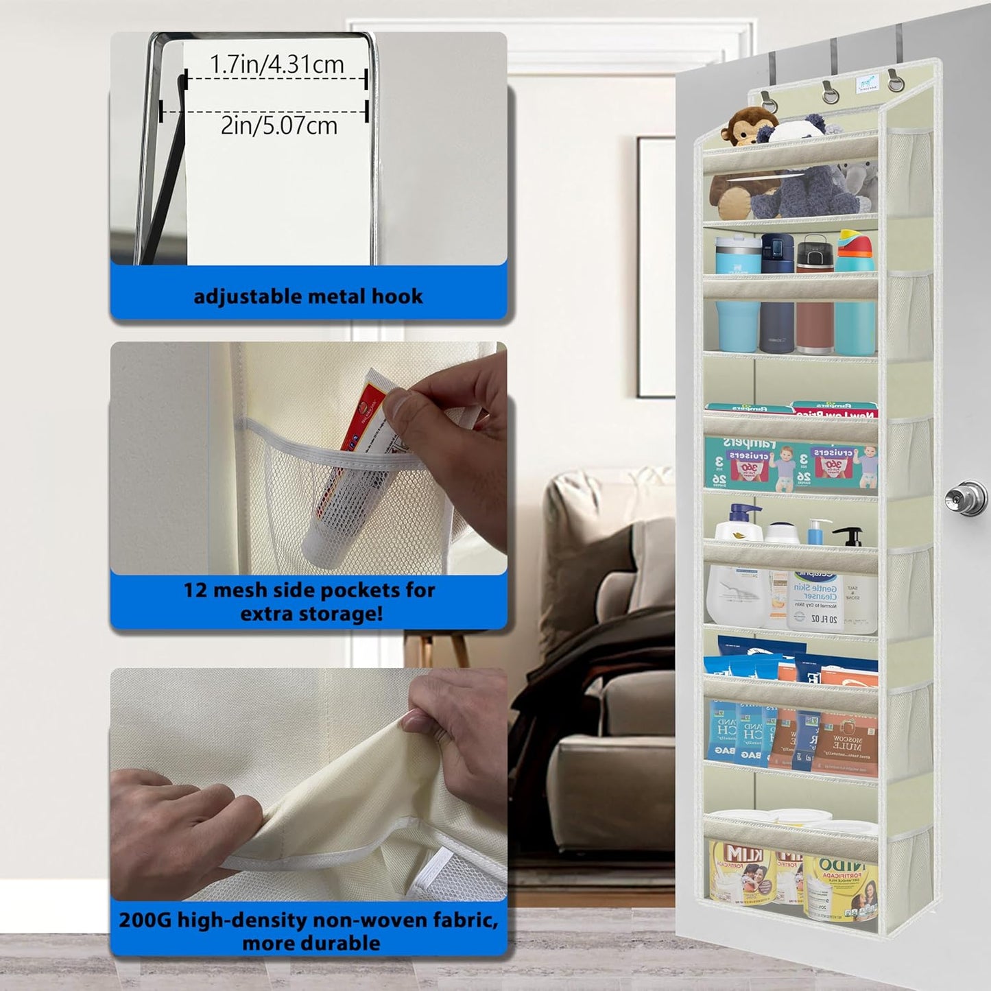 Over the door organizer, Solid Bamboo Board (Not Plastic!) 6-Tier Heavy Duty 75LB, 12 Side Pockets