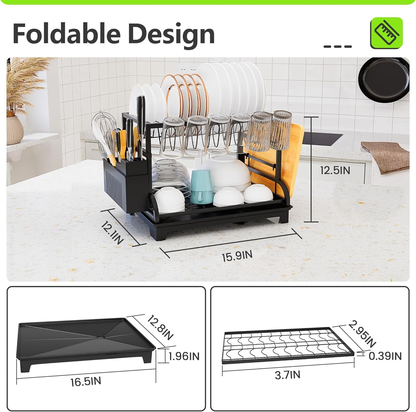 2-Tier Foldable Dish Drying Rack with Drainboard