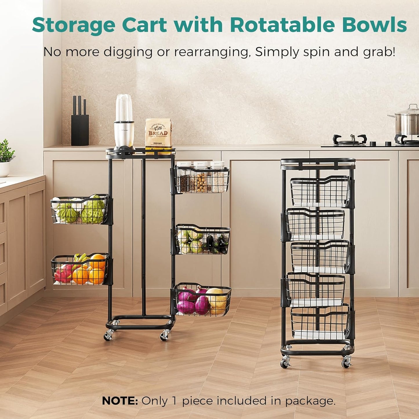 5 Tier Kitchen Fruit Vegetable Storage Cart with One-Piece Rotating Basket