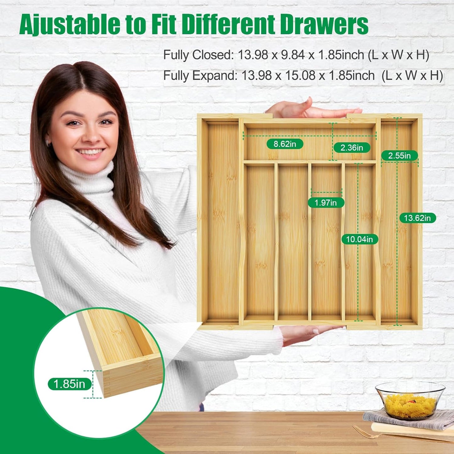 Bamboo Kitchen Drawer Organizer,Expandable Silverware Organizer,2 Pack Utensil Holder and Cutlery Tray with 7 Slots,Gadgets Storage Divider,Natural