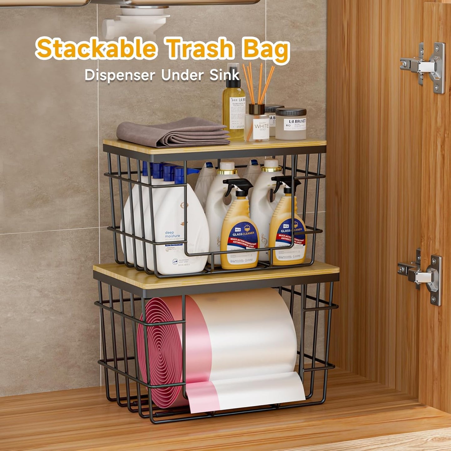 2 Pack Trash Bag Holder, Extra Large Garbage Bag Dispenser with Bamboo Top
