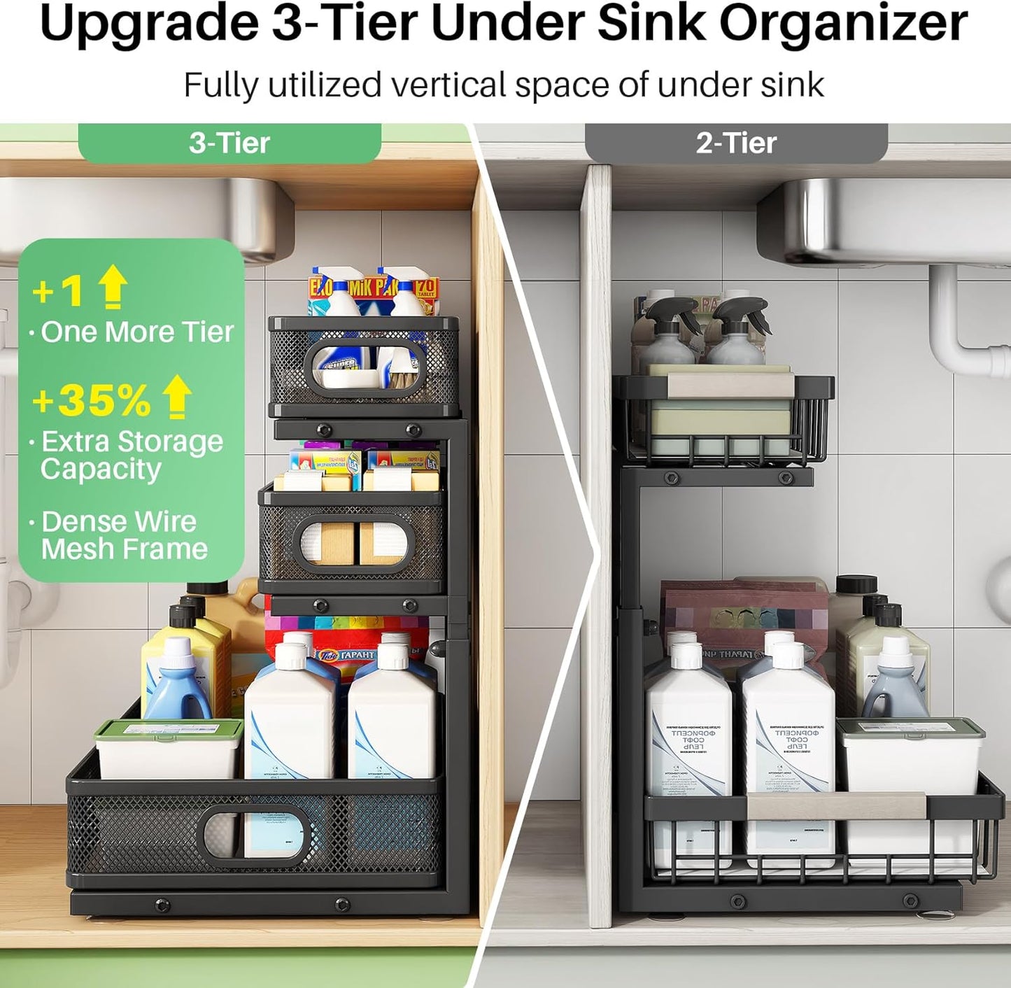 Under Sink Organizer, 2-Pack 3-Tier Height Adjustable Thickened Metal Pull out Cabinet Organizer Shelf, Slide out Storage Drawer Rack for Bathroom Kitchen Pantry Home Laundry Organization
