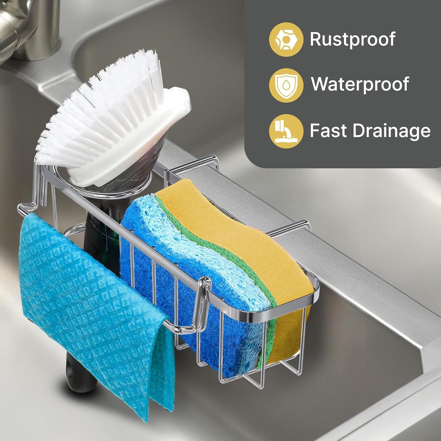 3-in-1 Sponge Holder for Kitchen Sink, Hanging Caddy for Double Bowl Sinks