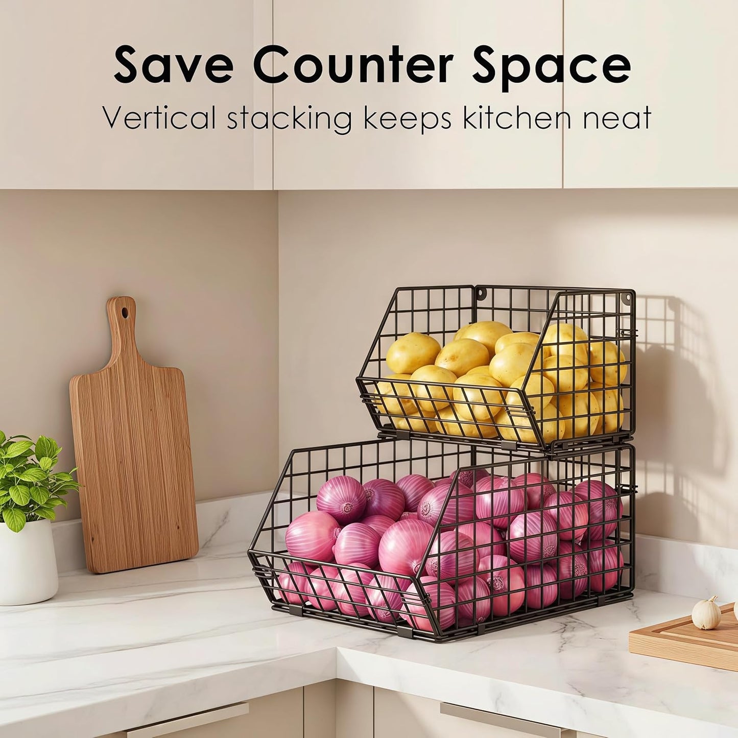 2-Tier Stackable Wire Baskets for Counter, Potato and Onion Storage Bin