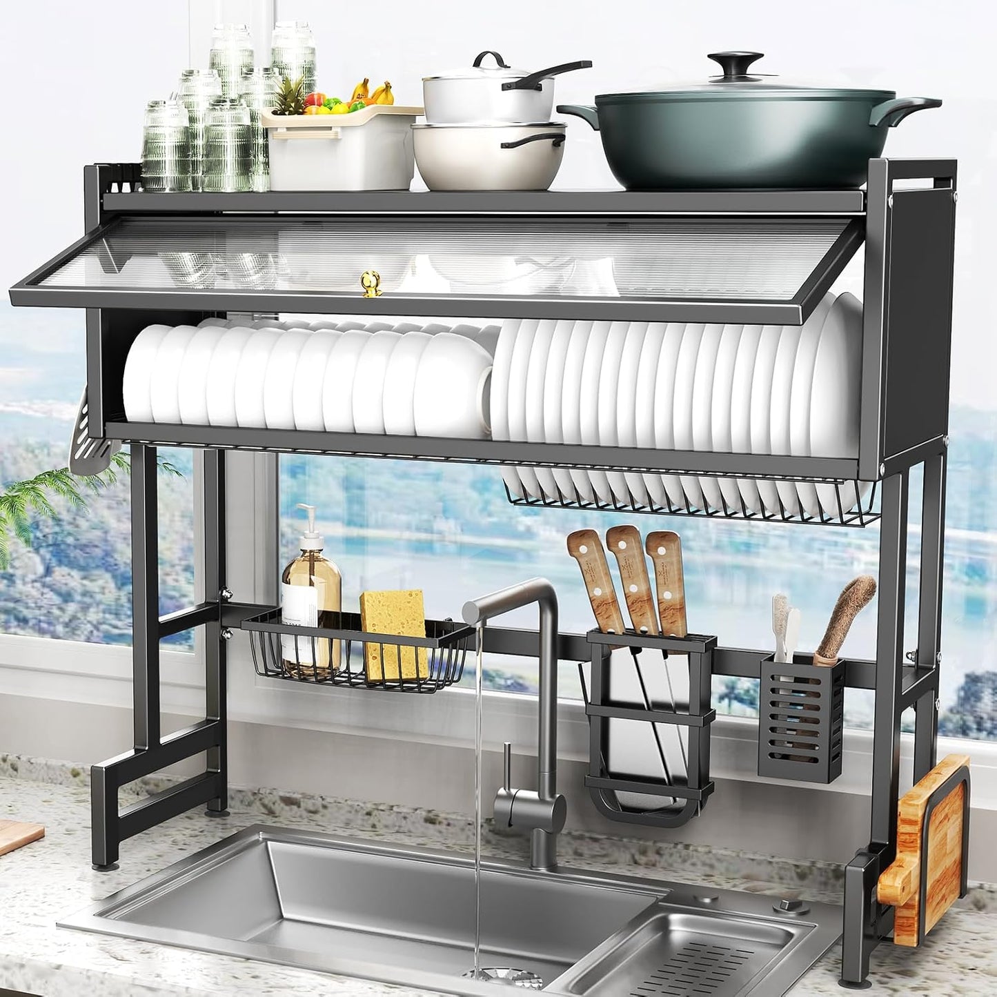 Over The Sink Dish Drainer Drying Rack 3 Tiers with Cover