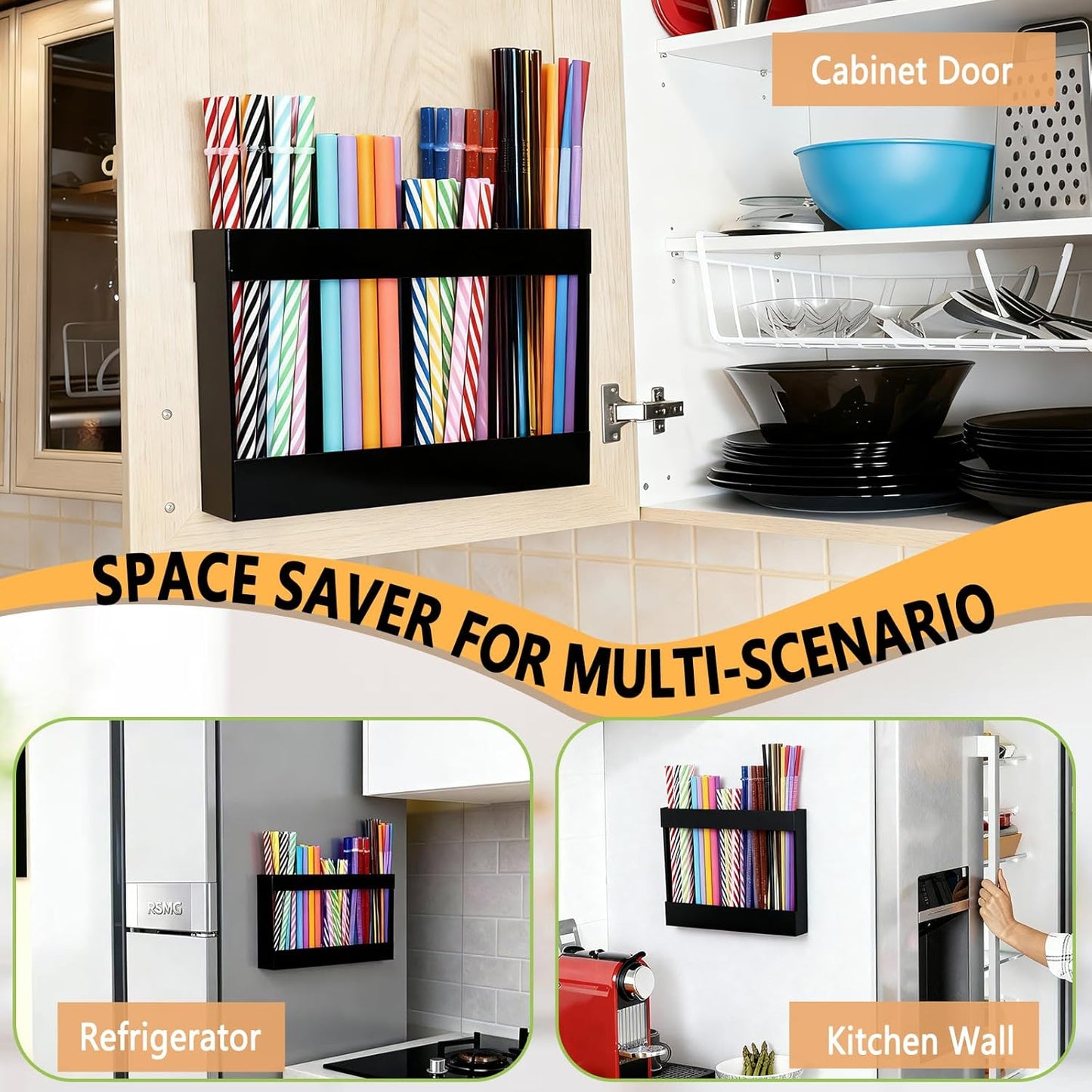 9.5" Large Acrylic Straw Holder for Cabinet Door-Reusable Tumbler Straw Organizer Storage,Small Kitchen Organizers and Storage Accessories Container, Ultra Sticky Cupboard Door Mounted(Black)