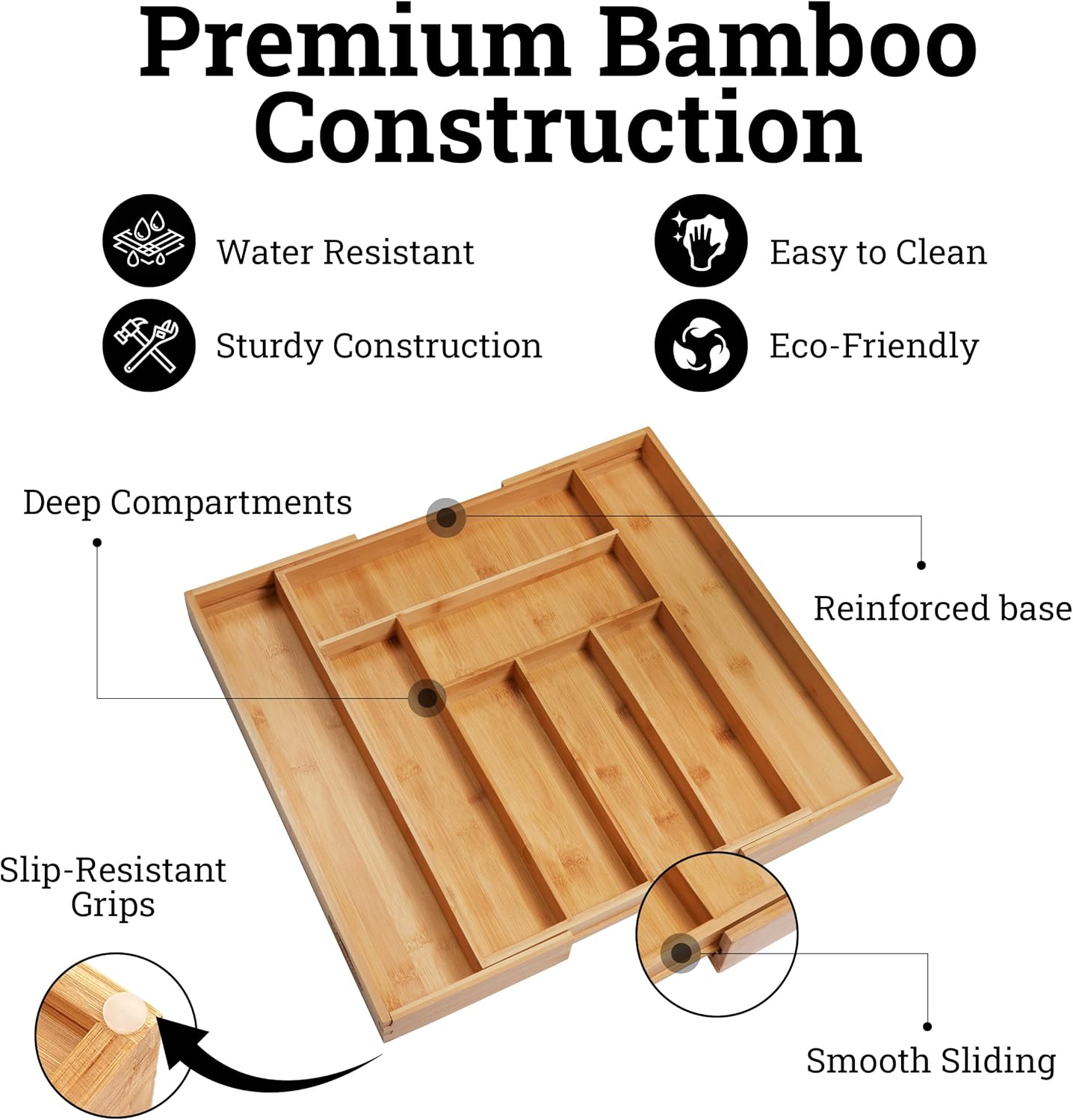 Premium Bamboo Drawer Organizer, Silverware Organizer, 100% Pure Bamboo
