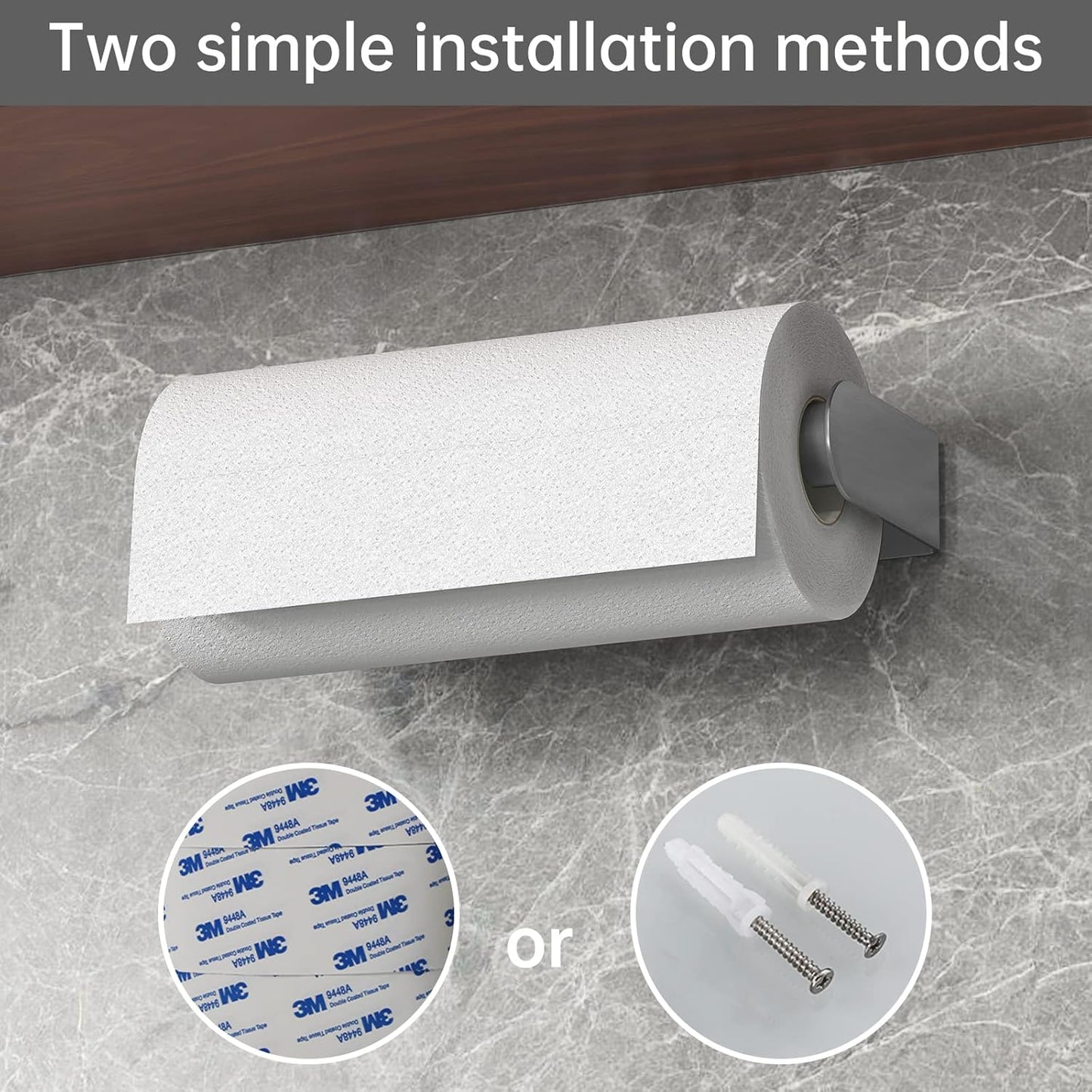 Kitchen Paper Towel Holder Under Cabinet Wall Mount and Self-Adhesive Paper Towel Rack Premium Grade SUS304 Stainless Steel Brushed Silver