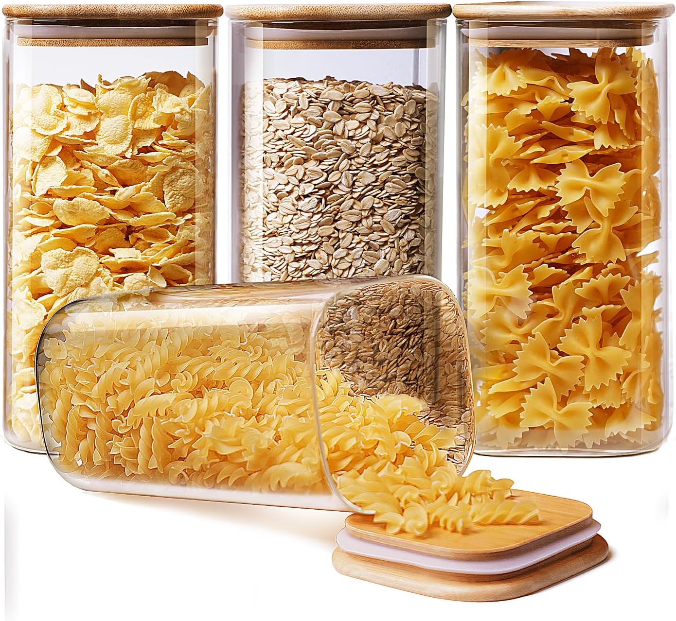 Square Glass Jars with Bamboo Lids 53 FL OZ [Set of 4], Glass Canisters with Airtight Lid