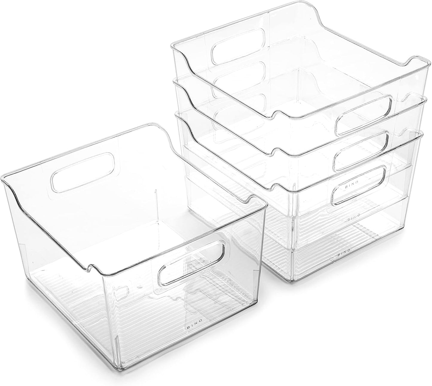 Plastic Storage Bins - 4 Pack | THE LODGE COLLECTION | Clear Storage | Containers for Organizing with Handles | Pantry Kitchen Organization | Fridge Organizer | Bathroom | Shelves Cabinet
