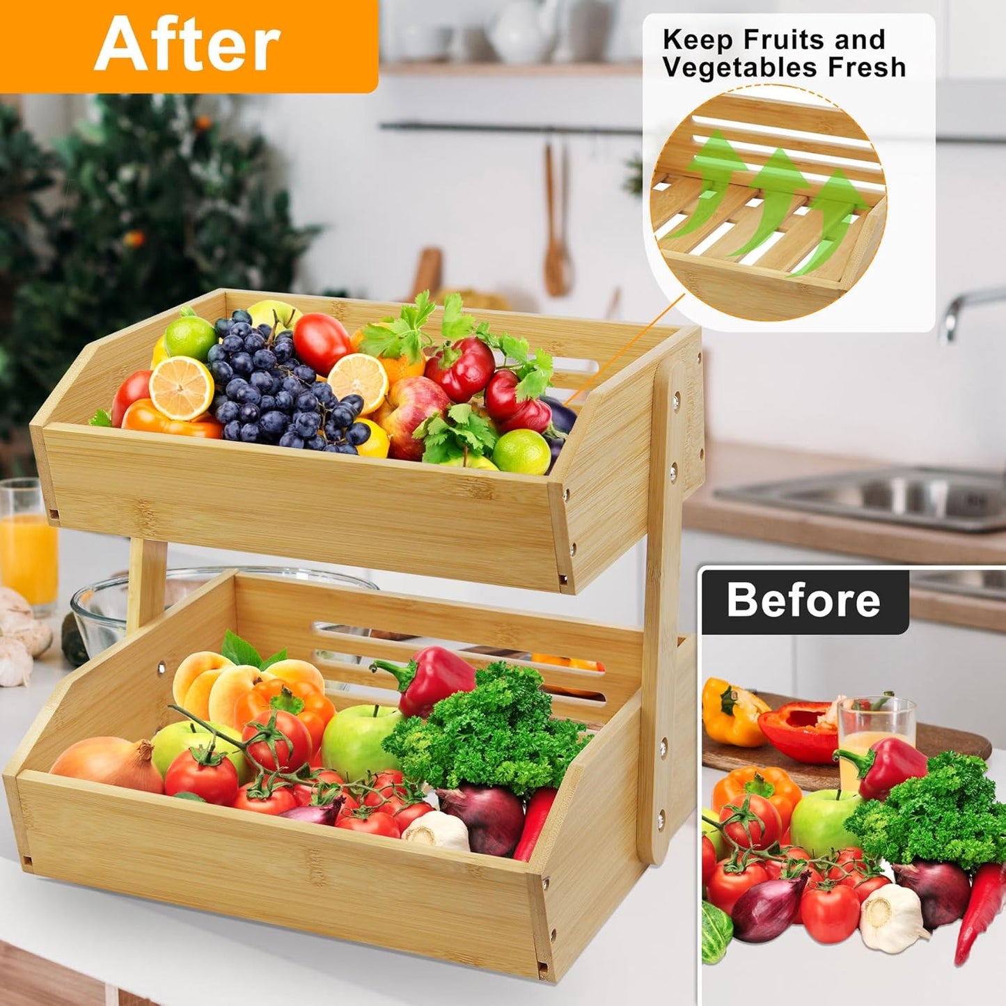 Fruit Basket Stand, 2 Tier Fruit Basket for Kitchen Counter