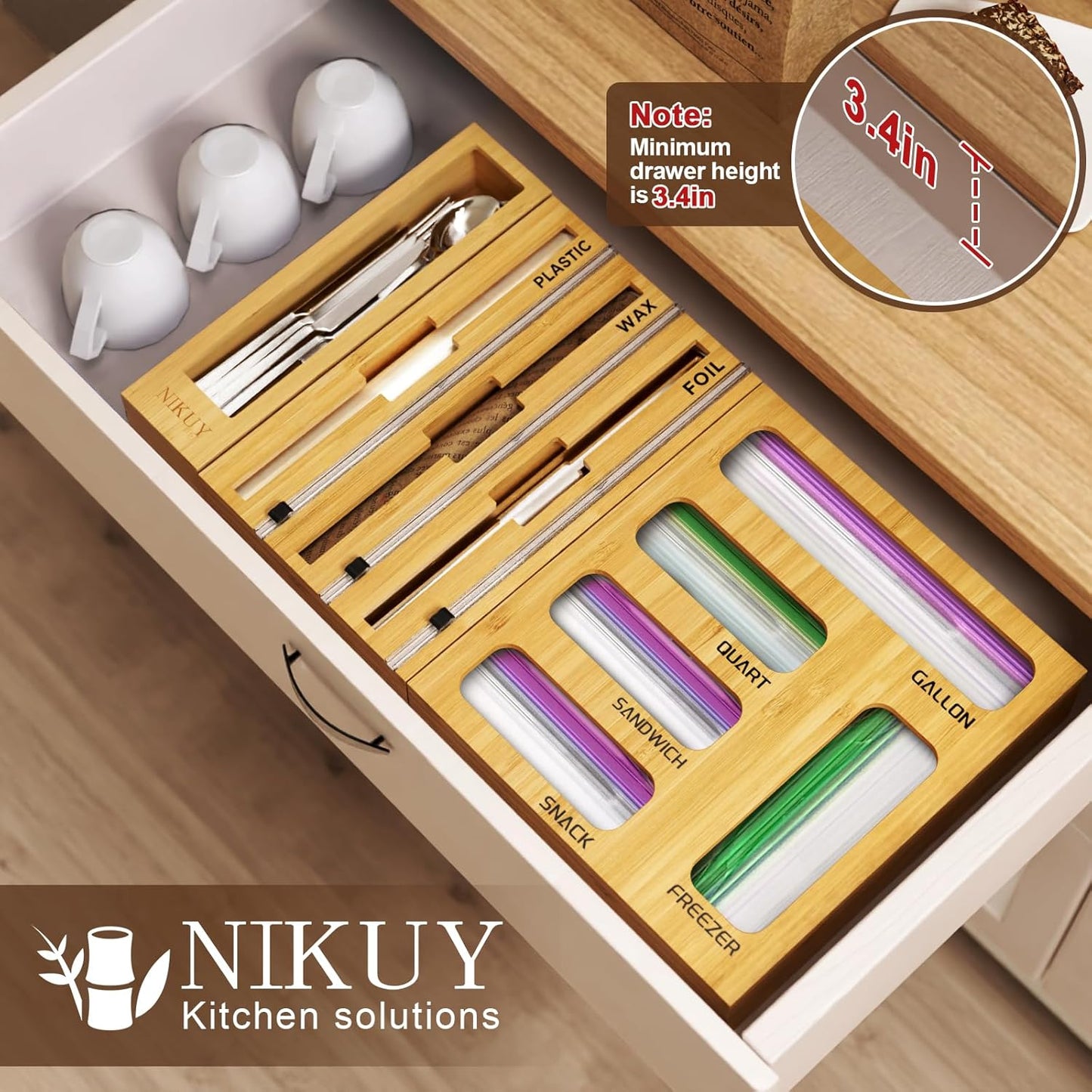 9 IN 1 Bamboo Foil and Plastic Wrap Organizer for Kitchen Drawer
