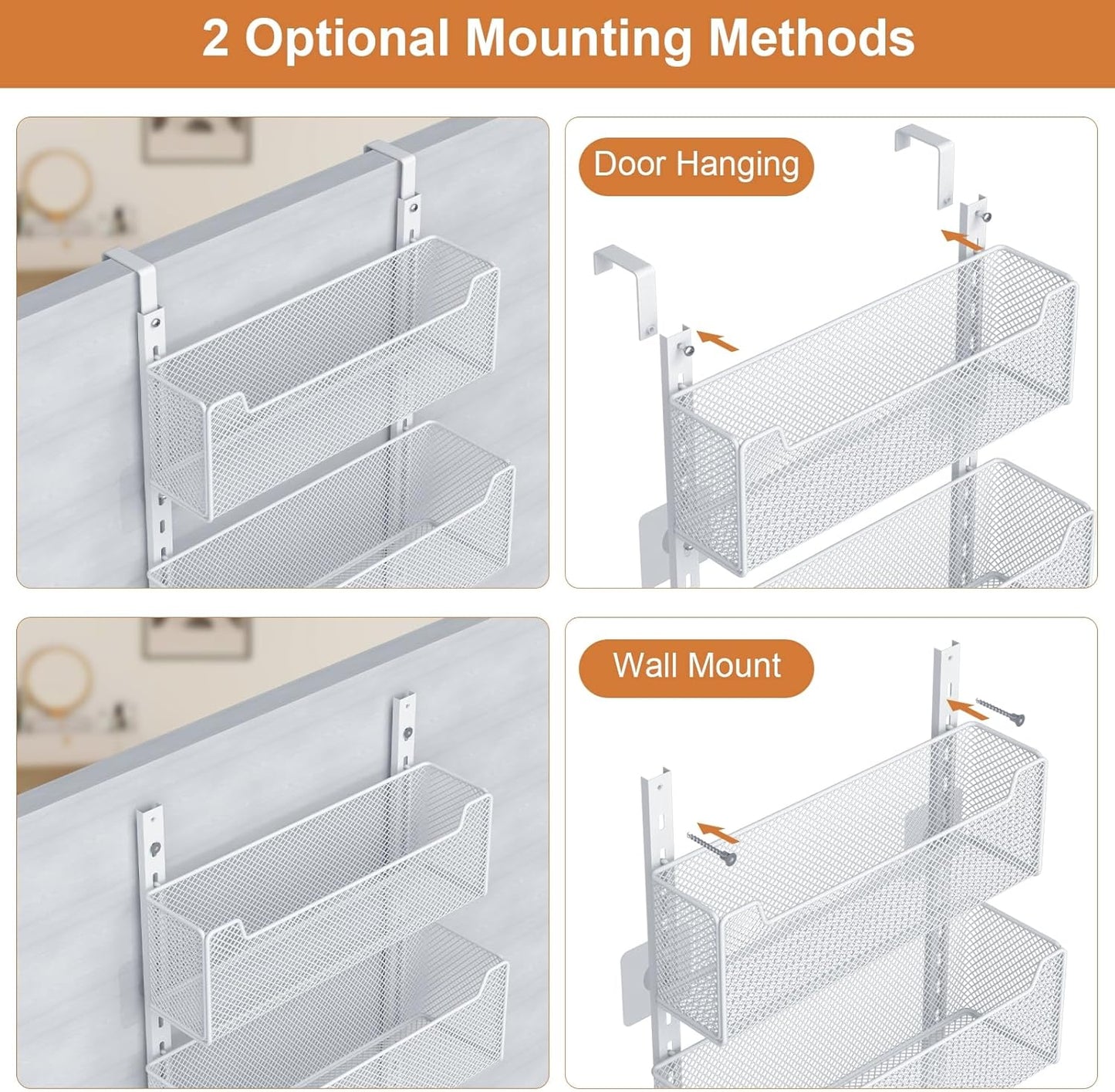 Over The Door Organizer, Metal Door Organizer Hanging with 5 Adjustable Baskets and Coat Hook