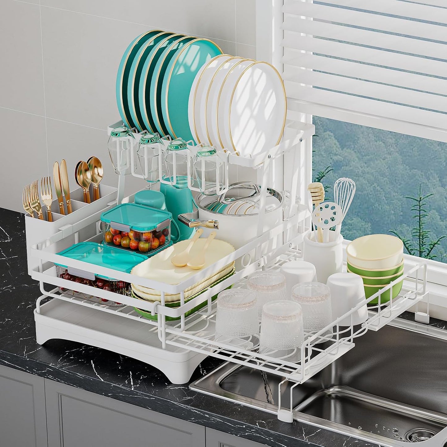 2 Tier Large Dish Drying Rack - Extendable Dish Rack