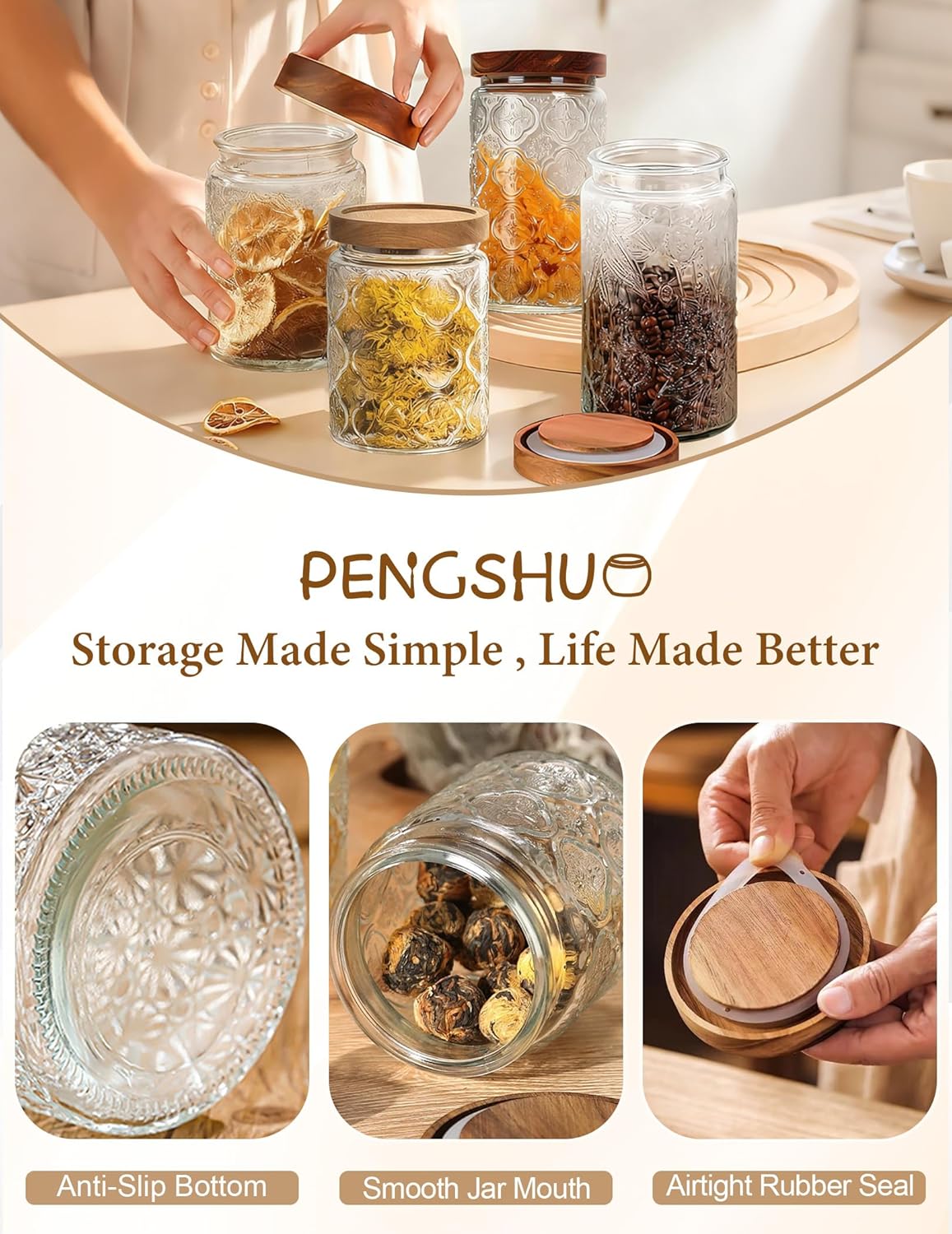 Vintage Glass Jar with Wood Lid - Christmas Airtight Canisters for Kitchen Countertop Bathroom
