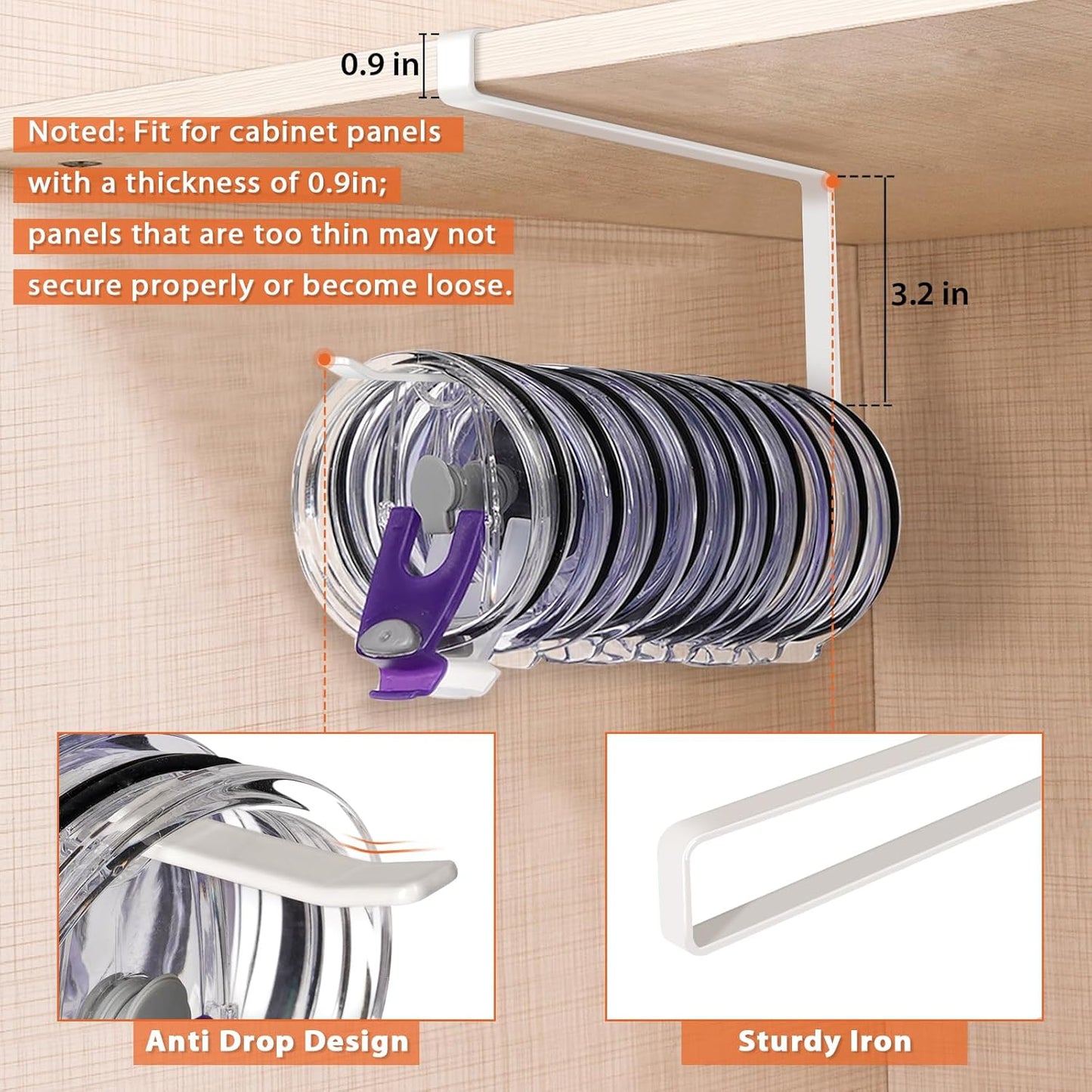 2 Pack Tumbler Lid Organizer, Horizontal Tumbler Lid Storage Hook to Hold Up 20 Lids