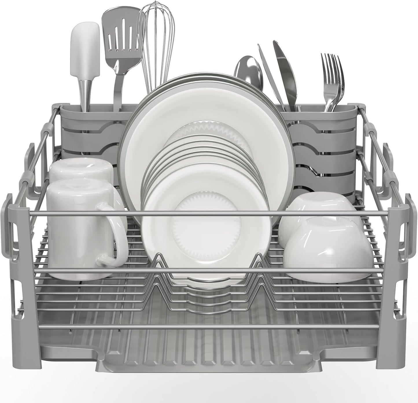 Dish Drying Rack with Drainboard, Utensil Holder & Mug Hooks, Silver Metal Kitchen Counter Organizer