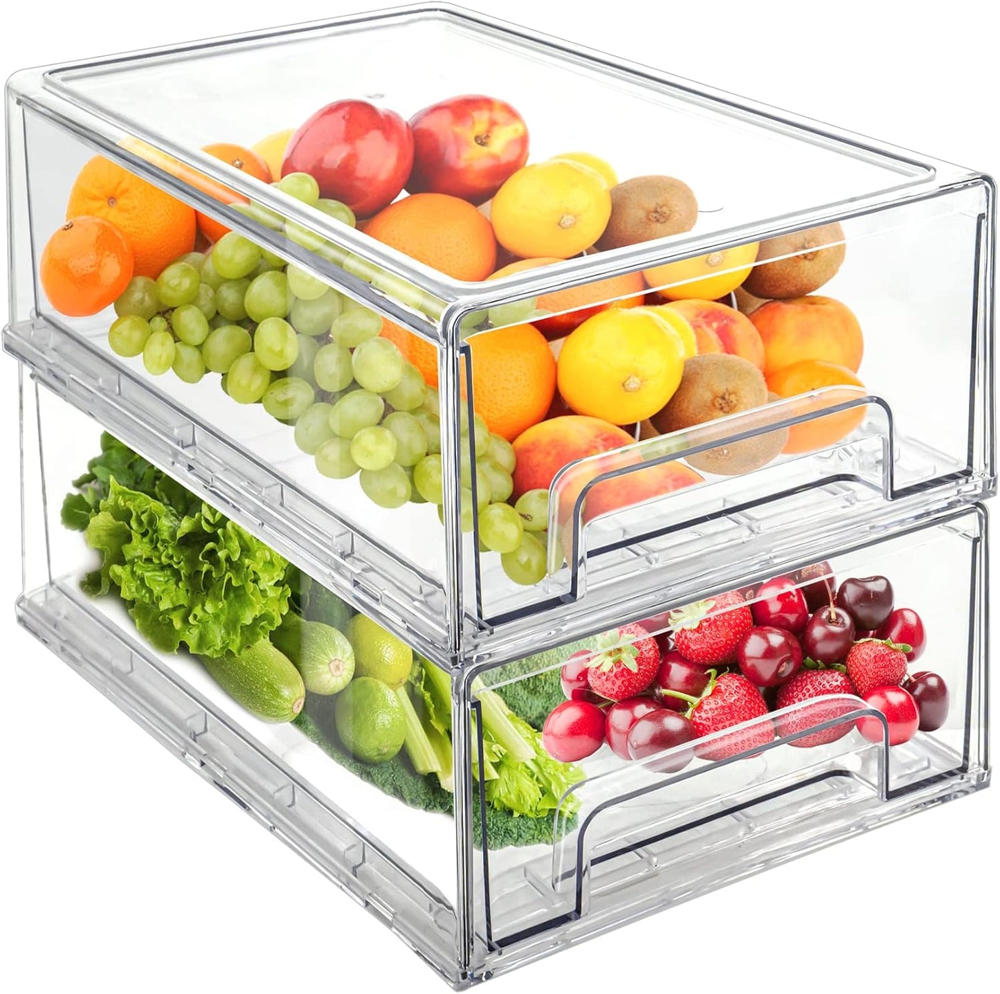 2Pack Clear Fridge Drawers Pull Out Stackable Refrigerator Drawer Organizer Bins Pantry Storage Box Plastic Food Containers for Kitchen Bathroom Office Closet (2pack-Large)