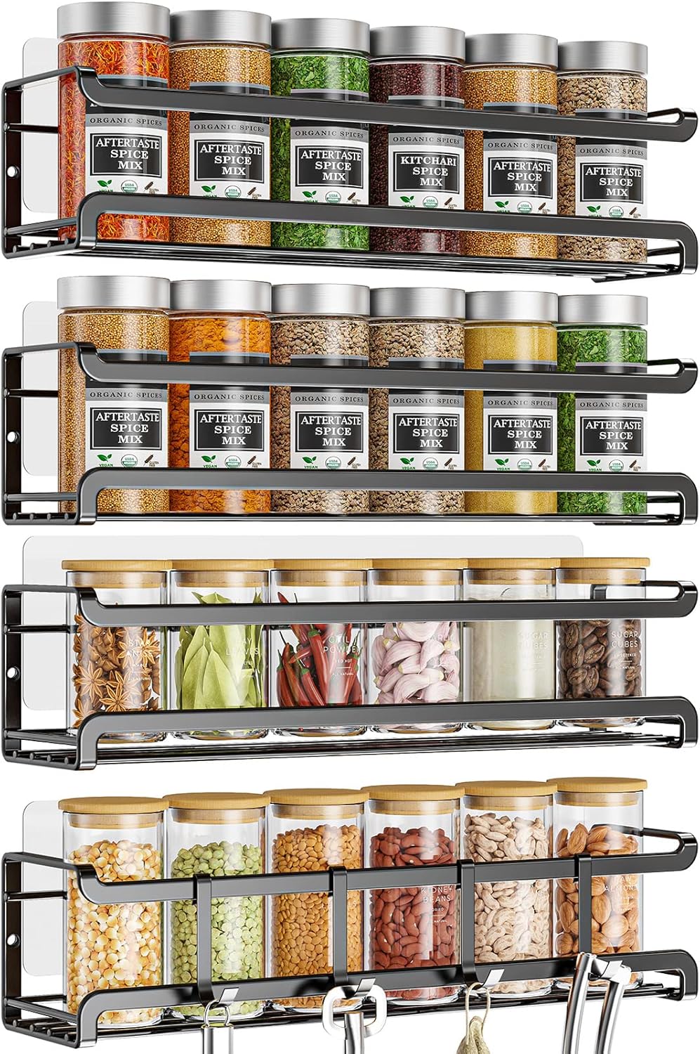 Spice Rack Wall Mounted 4 Pack,Space-Saving Spice Organizer for Spice Jars and Seasonings,Screw or Adhesive Hanging Spice Rack Organizer for Your Kitchen Cabinet,Pantry Door