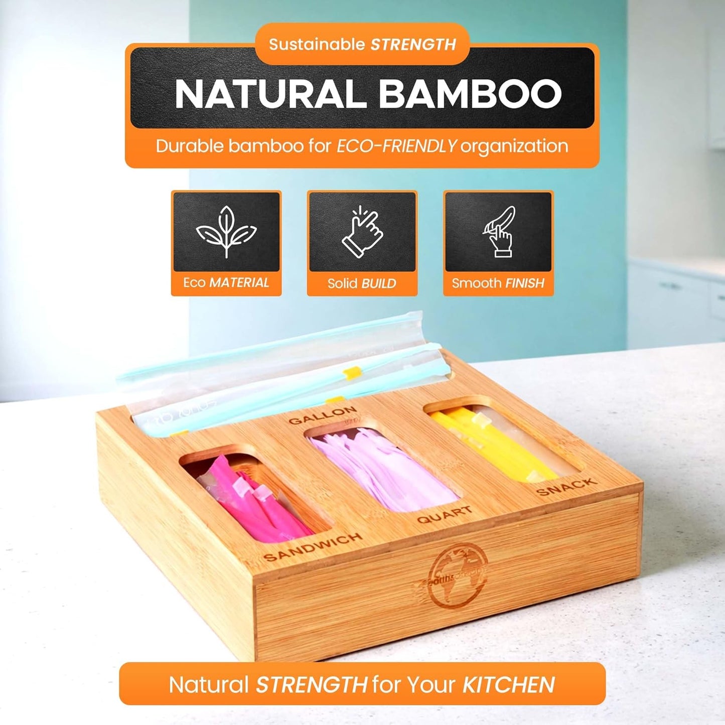Earth’s Dreams Bamboo Kitchen Drawer Organizer – Resealable Food Storage Bag Holder for Gallon
