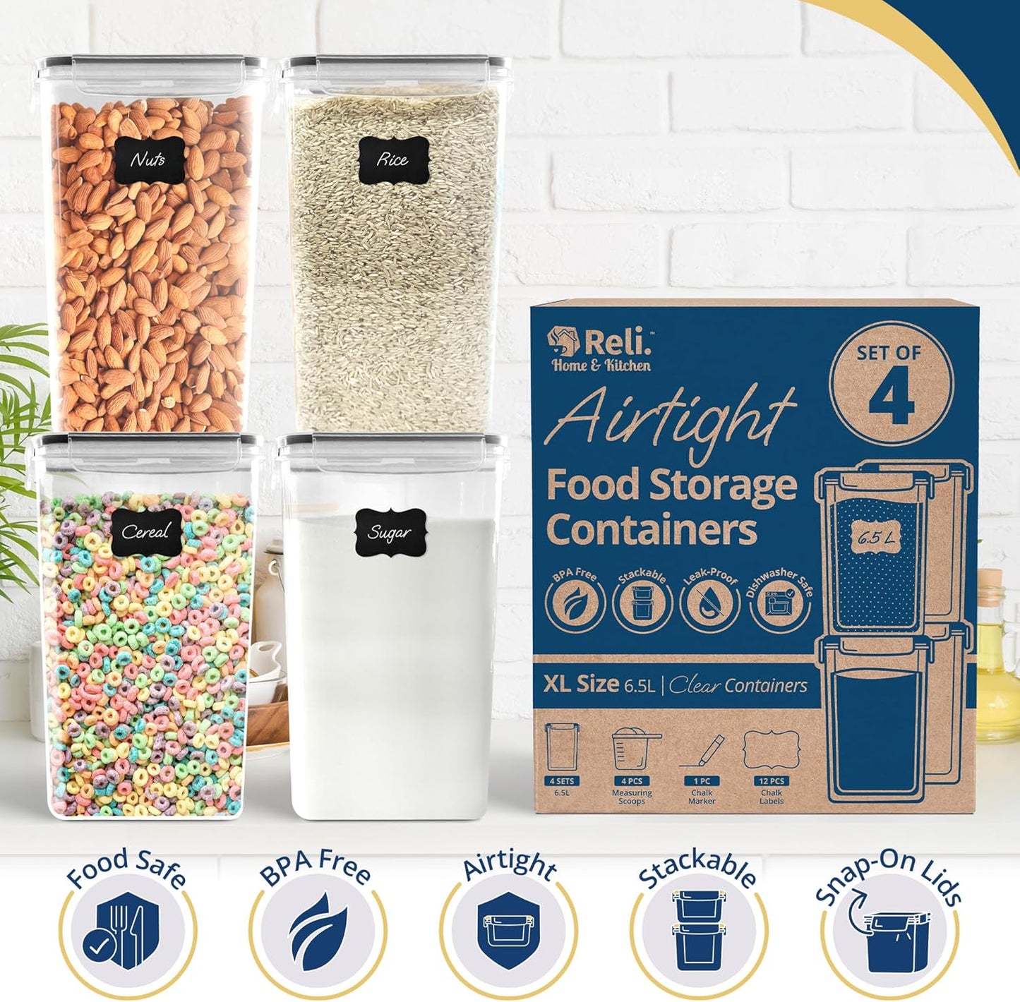 6.5L Airtight Food Storage Containers with Lids (4 Sets) | Kitchen Organizers and Storage Containers, Pantry Organizers | BPA Free Plastic XL Set w/ 4 Measuring Cups, 12 Labels, Pen