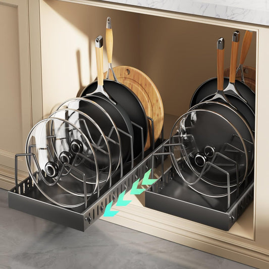 Pull Out Pots and Pans Organizer Under Cabinet, Sliding Lid Holder and Pan Rack in Kitchen