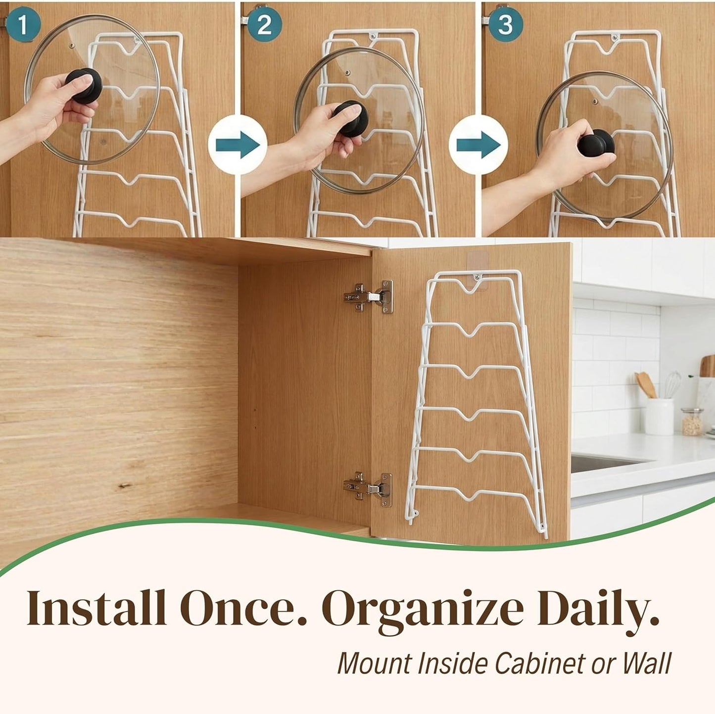 6 Pot Lid Organizer for Cabinet or Pantry Wall - Cupboard Door Pots and Pans Organizer