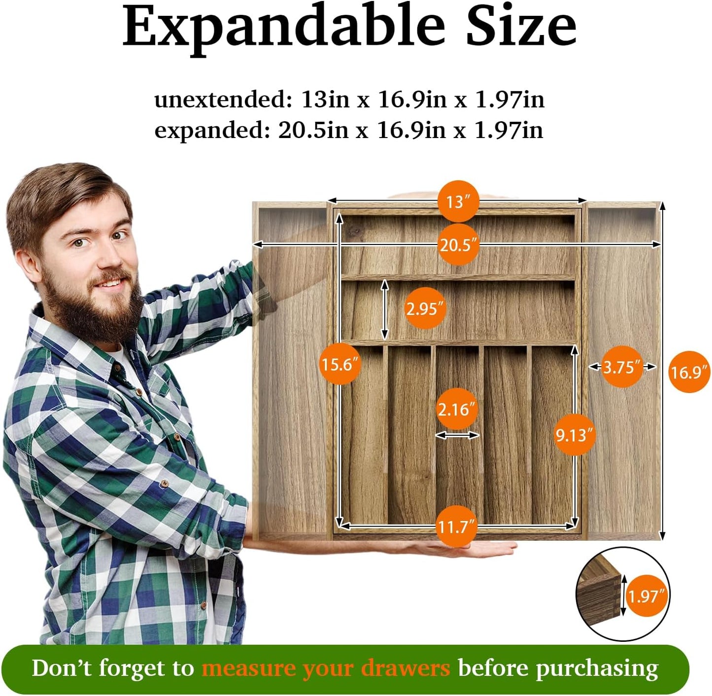 Acacia Wood Kitchen Silverware Drawer Organizer