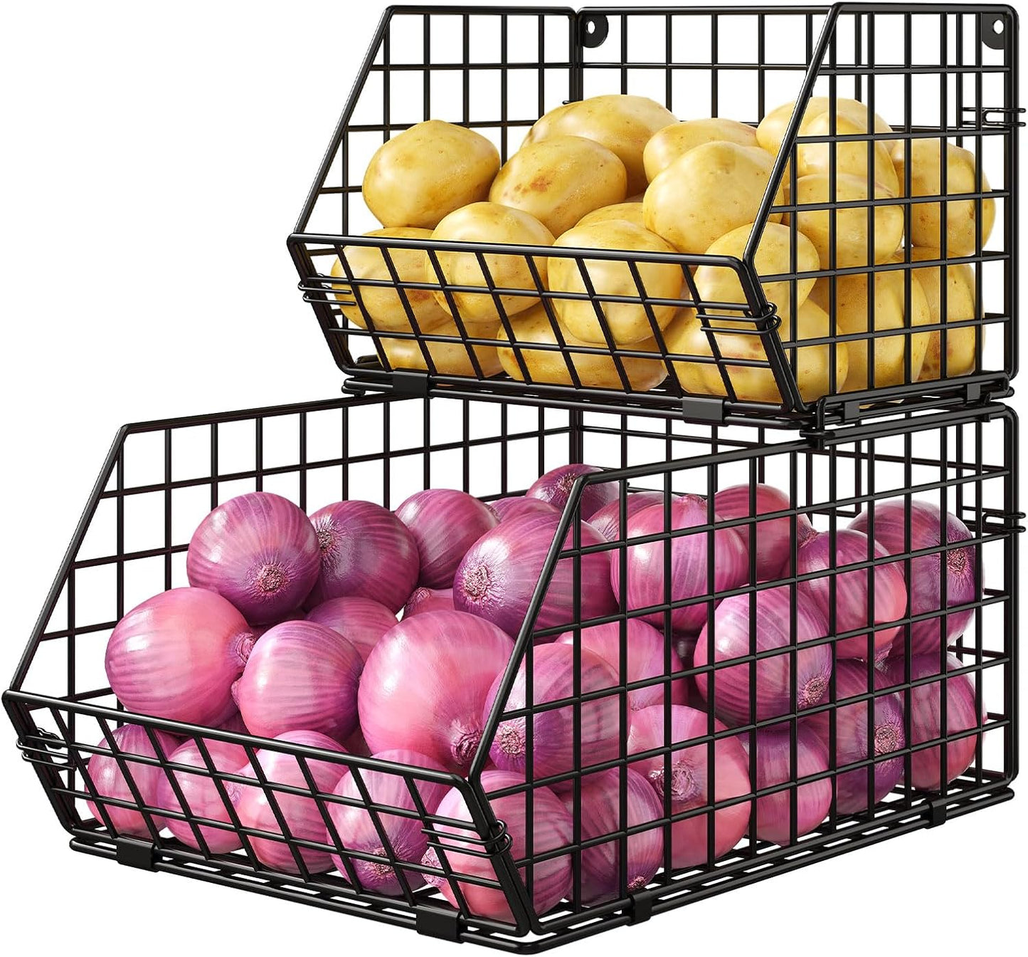 2-Tier Stackable Wire Baskets for Counter, Potato and Onion Storage Bin