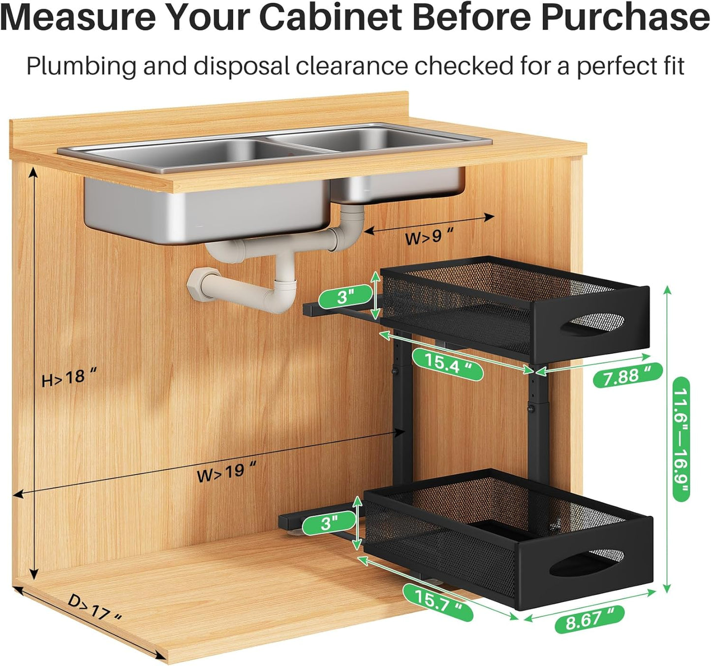 Under Sink Organizer, 2 Pack 2 Tier Pull out Cabinet Organizer Baskets with Mesh Sliding Drawers
