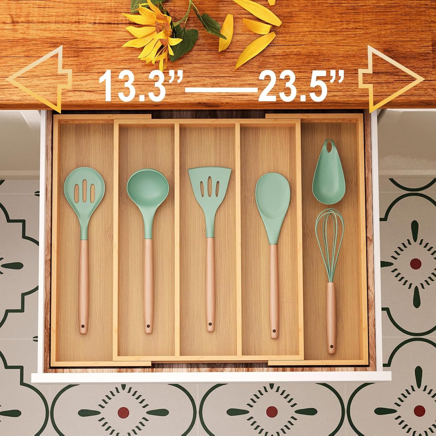 Expandable Kitchen Drawer Organizer,Bamboo Silverware Organizer,Adjustable Flatware Tray for Utensils(16.92 * 13.30~22.83 * 1.96)
